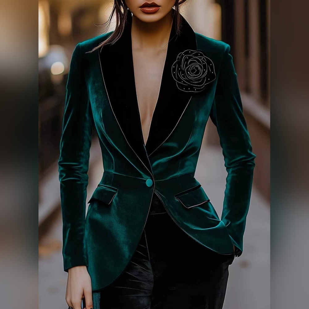 Velvet Green Blazer Rose Embellished One Button Blazer